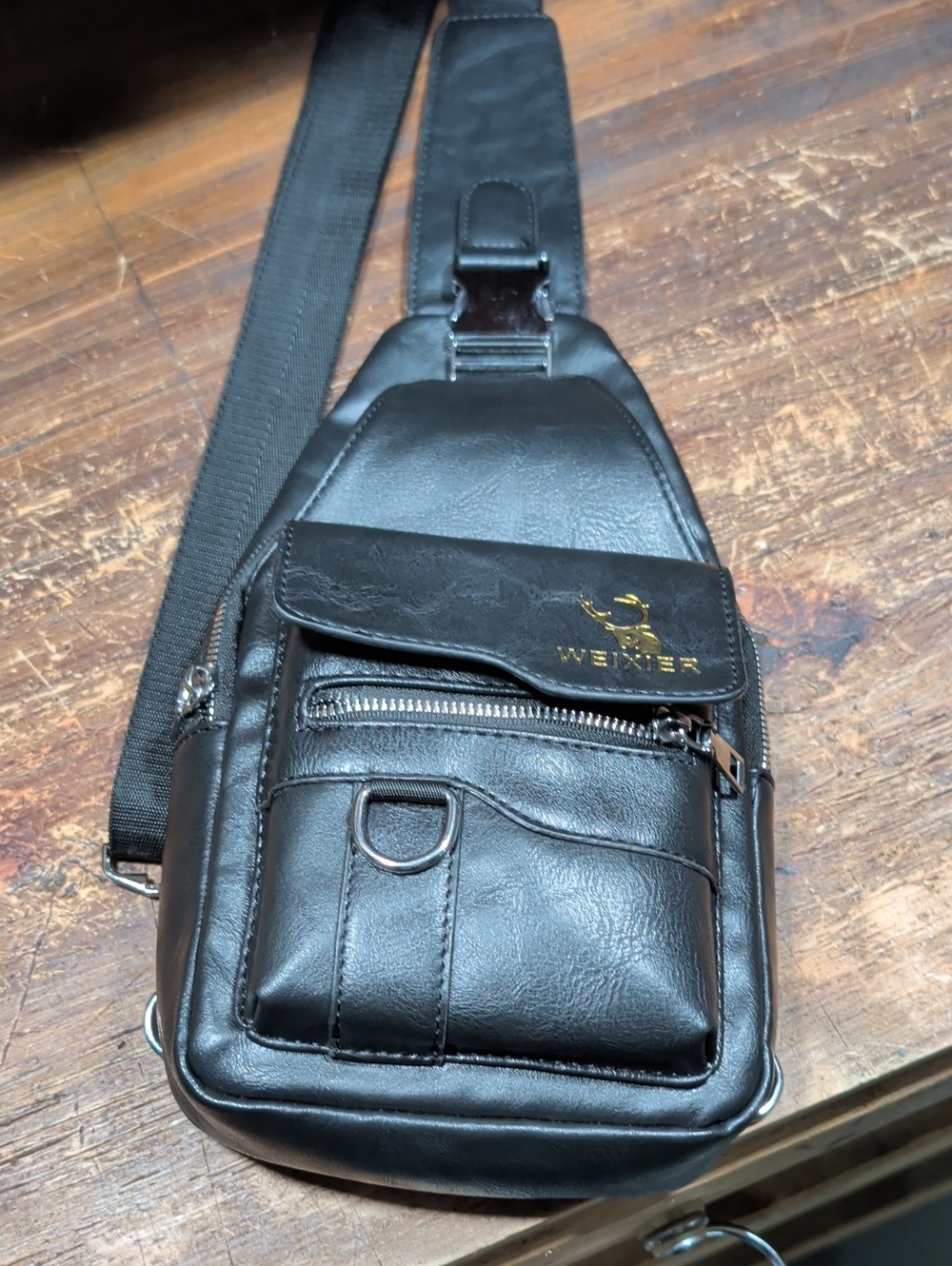 Black Leather Crossbody Sling Bag for Men